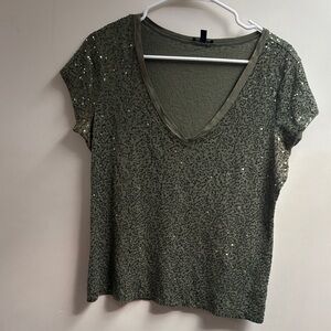 Express Olive Green Sequin V-Neck Short Sleeve Top